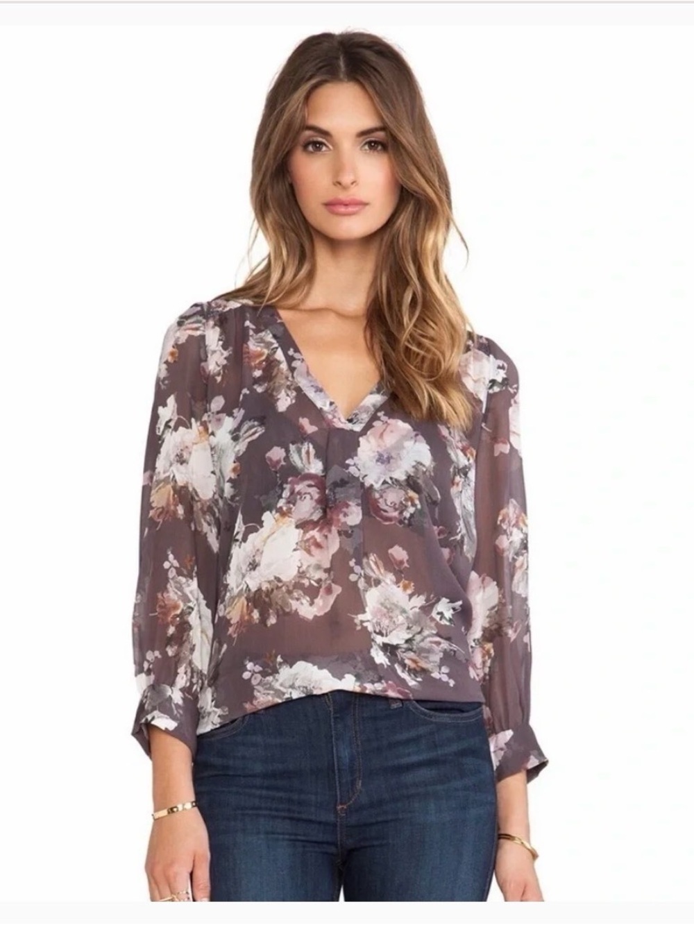 JOIE Aceline Floral Silk Sheer Blouse Top L